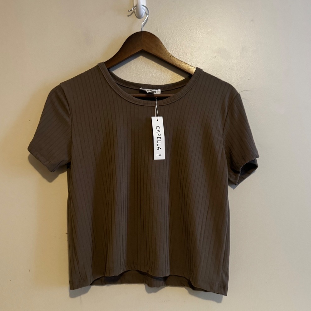 Capella Women's M Brown Ribbed Short Sleeve Crew Neck T-Shirt Fall Basics